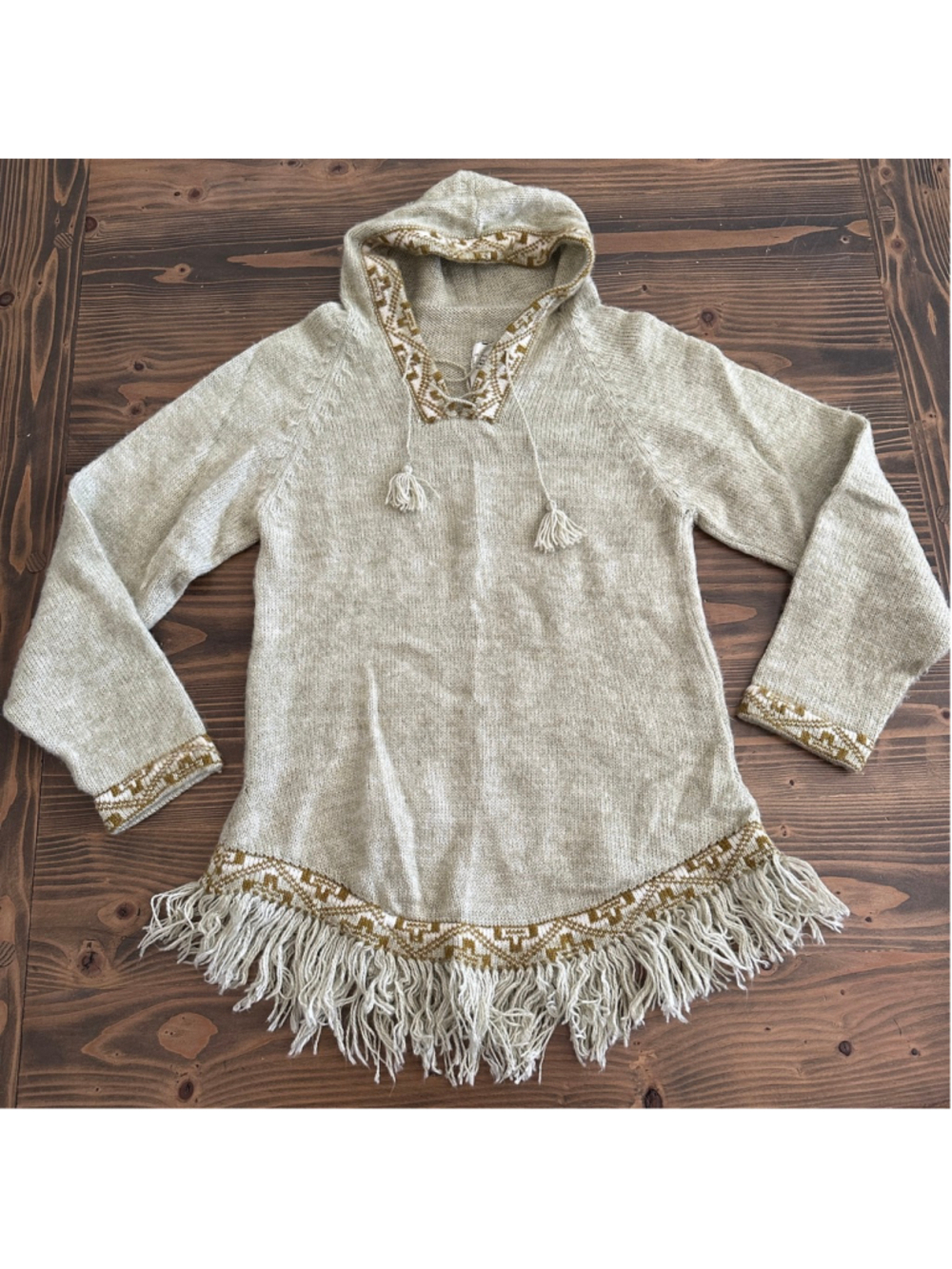 Women’s Andes Import Alpaca Wool Hooded Poncho M Beige Brown Fringe